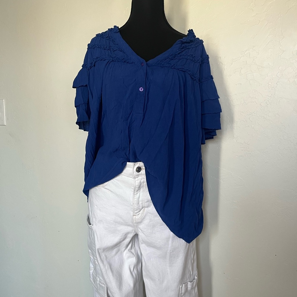 Maeve Anthropologie Royal Blue Ruffled Blouse Button Detail Preppy